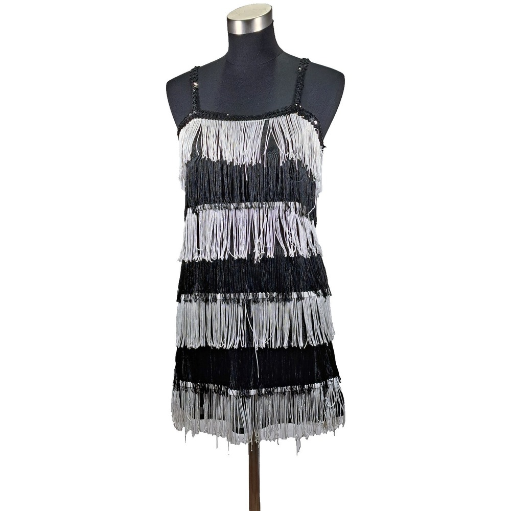 California Costume Jazz Time Honey Flapper Dress Black Silver Fringe Small 00700